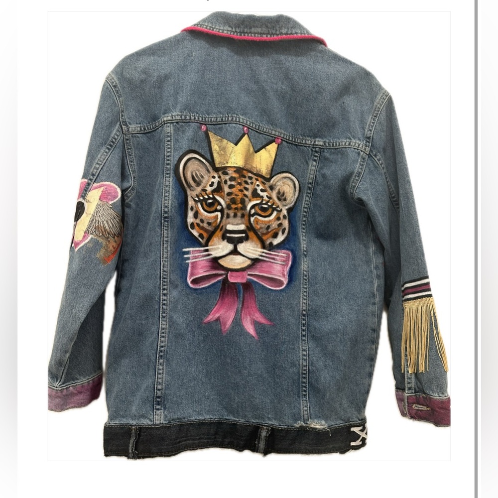 Women Denim Jacket with Leopard Design Hand-painted and designed by "Distinct"